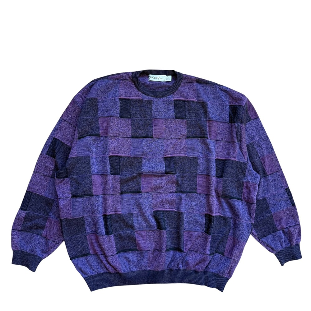 St. Croix Knits Sweater Mens 3XL Purple Geometric Patchwork USA Made Cotton